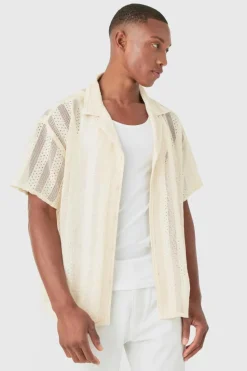 Outlet boohooMAN Boxy Open Lace Stripe Shirt ecru