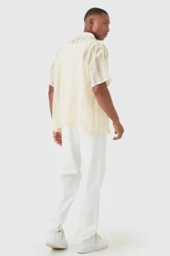Outlet boohooMAN Boxy Open Lace Stripe Shirt ecru
