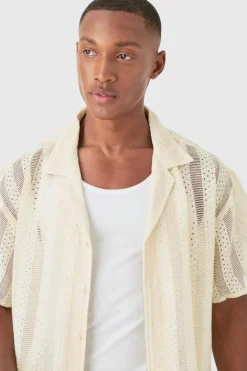 Outlet boohooMAN Boxy Open Lace Stripe Shirt ecru