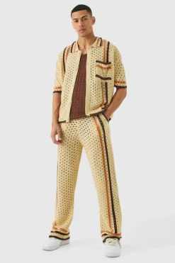 Hot boohooMAN Boxy Open Stitch Polo Trouser Knitted Set stone