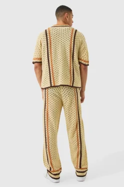 Hot boohooMAN Boxy Open Stitch Polo Trouser Knitted Set stone