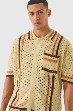 Hot boohooMAN Boxy Open Stitch Polo Trouser Knitted Set stone