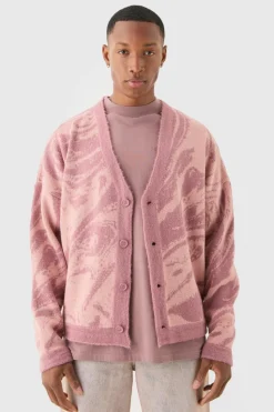 Discount boohooMAN Boxy Oversized Brushed Abstract All Over Cardigan dusty pink