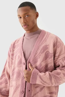 Discount boohooMAN Boxy Oversized Brushed Abstract All Over Cardigan dusty pink