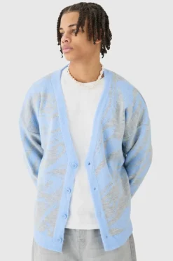 Store boohooMAN Boxy Oversized Brushed Abstract All Over Cardigan blue