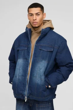 Clearance boohooMAN Boxy Oversized Funnel Neck Denim Puffer Jacket indigo