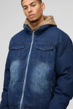 Clearance boohooMAN Boxy Oversized Funnel Neck Denim Puffer Jacket indigo