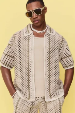 Discount boohooMAN Boxy Oversized Open Stitch Stripe Knit Shirt stone