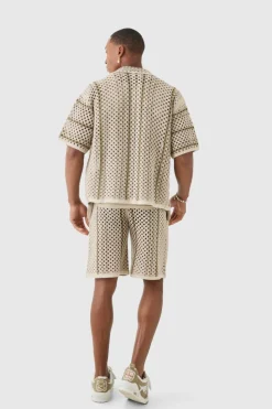 Discount boohooMAN Boxy Oversized Open Stitch Stripe Knit Shirt stone