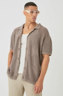 Outlet boohooMAN Boxy Oversized Open Stitch Tonal Palm Intarsia Short Sleeve Knit Shirt taupe