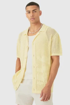 Best Sale boohooMAN Boxy Oversized Open Stitch Tonal Floral Intarsia Short Sleeve Knit Shirt yellow