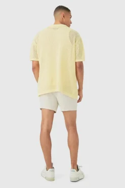 Best Sale boohooMAN Boxy Oversized Open Stitch Tonal Floral Intarsia Short Sleeve Knit Shirt yellow