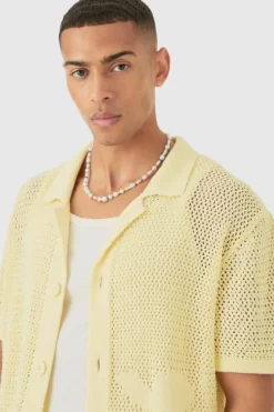 Best Sale boohooMAN Boxy Oversized Open Stitch Tonal Floral Intarsia Short Sleeve Knit Shirt yellow