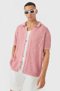 Shop boohooMAN Boxy Oversized Open Stitch Tonal Floral Intarsia Short Sleeve Knit Shirt pink