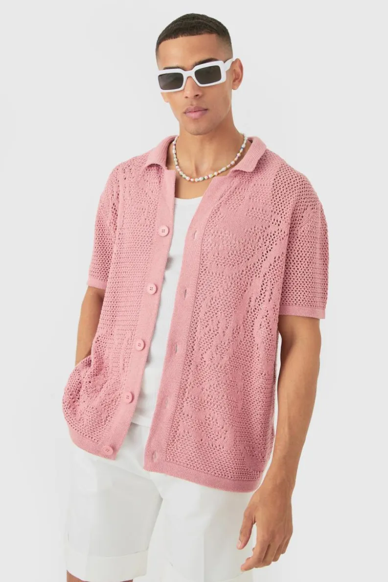 Shop boohooMAN Boxy Oversized Open Stitch Tonal Floral Intarsia Short Sleeve Knit Shirt pink