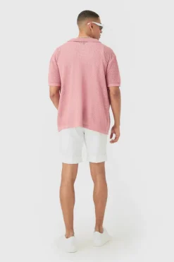 Shop boohooMAN Boxy Oversized Open Stitch Tonal Floral Intarsia Short Sleeve Knit Shirt pink