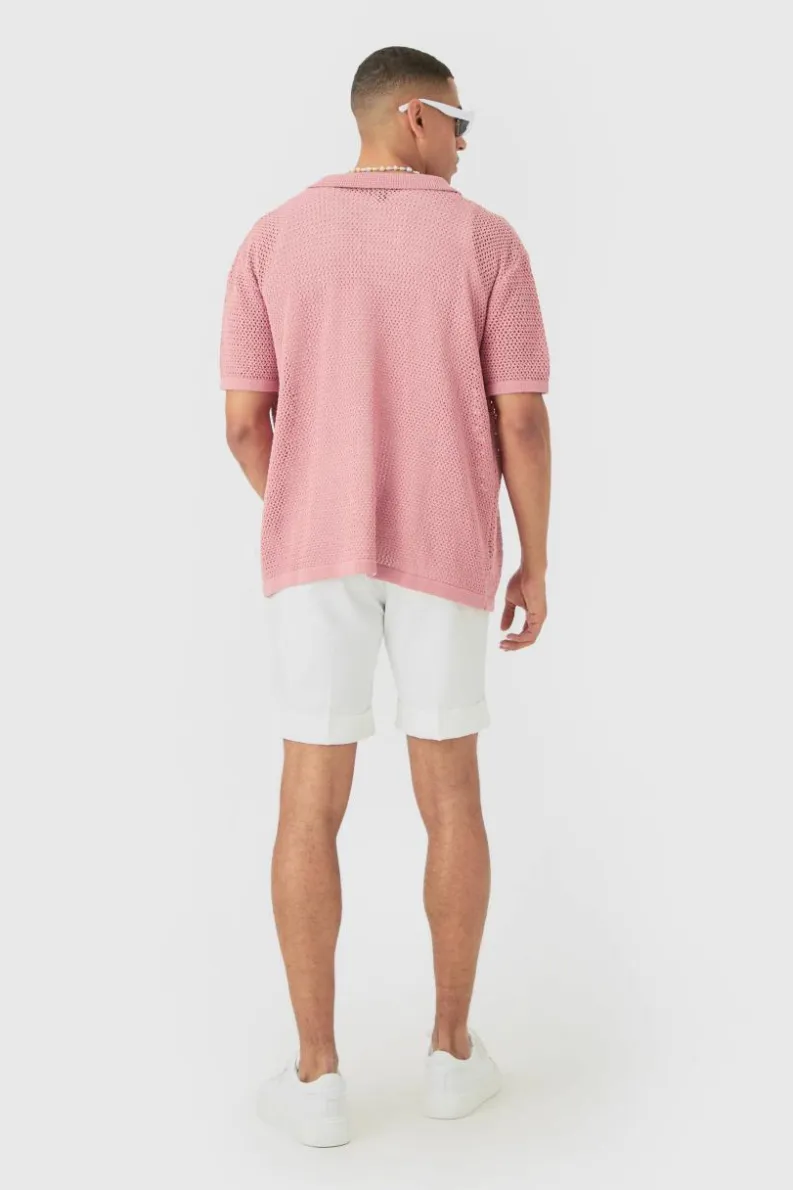 Shop boohooMAN Boxy Oversized Open Stitch Tonal Floral Intarsia Short Sleeve Knit Shirt pink