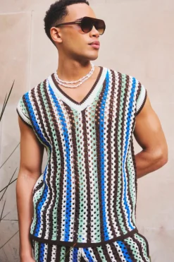 Discount boohooMAN Boxy Oversized Open Stitch V Neck Sweater Vest multi