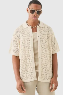 Best boohooMAN Boxy Oversized Patterned Open Stitch Knitted Shirt stone