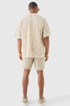 Best boohooMAN Boxy Oversized Patterned Open Stitch Knitted Shirt stone