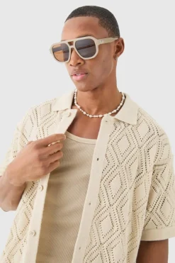 Best boohooMAN Boxy Oversized Patterned Open Stitch Knitted Shirt stone