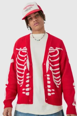 Hot boohooMAN Boxy Oversized Skeleton Cardigan red
