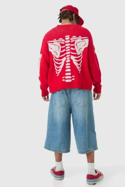 Hot boohooMAN Boxy Oversized Skeleton Cardigan red