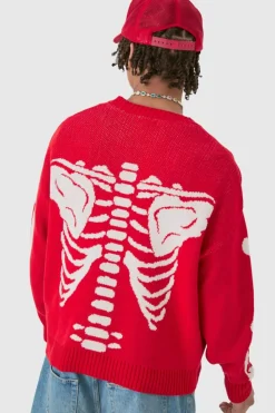 Hot boohooMAN Boxy Oversized Skeleton Cardigan red