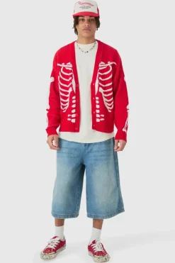 Hot boohooMAN Boxy Oversized Skeleton Cardigan red