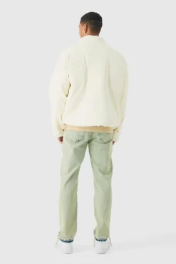 Online boohooMAN Boxy Padded Moto Panelled Jacket In ecru
