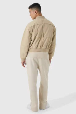 Cheap boohooMAN Boxy Panel Padded Nylon Bomber Jacket In stone
