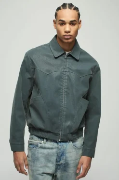 Cheap boohooMAN Boxy Peached PU Western Detail Harrington Jacket blue