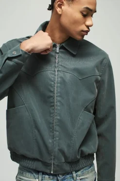 Cheap boohooMAN Boxy Peached PU Western Detail Harrington Jacket blue