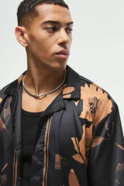 Hot boohooMAN Boxy Printed Satin Revere Short Sleeve Shirt orange