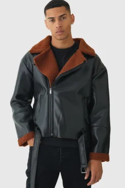 Clearance boohooMAN Boxy PU Borg Trim Aviator Jacket In black