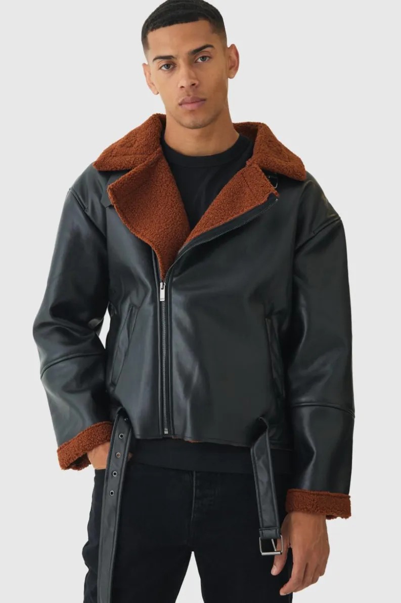 Clearance boohooMAN Boxy PU Borg Trim Aviator Jacket In black