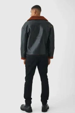 Clearance boohooMAN Boxy PU Borg Trim Aviator Jacket In black