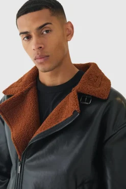 Clearance boohooMAN Boxy PU Borg Trim Aviator Jacket In black