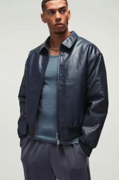 Flash Sale boohooMAN Boxy PU Collared Satin Sleeve Bomber in navy