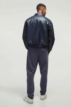 Flash Sale boohooMAN Boxy PU Collared Satin Sleeve Bomber in navy