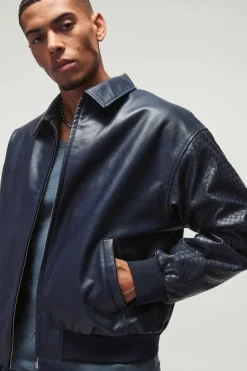 Flash Sale boohooMAN Boxy PU Collared Satin Sleeve Bomber in navy