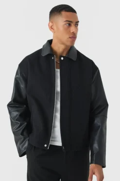 Clearance boohooMAN Boxy PU Sleeve Collared Harrington Jacket In black