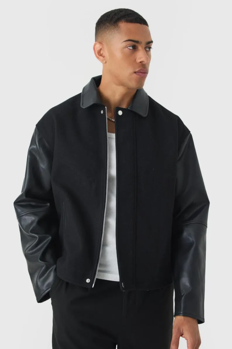 Clearance boohooMAN Boxy PU Sleeve Collared Harrington Jacket In black