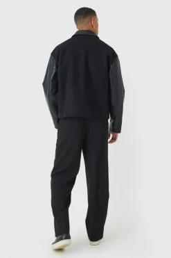 Clearance boohooMAN Boxy PU Sleeve Collared Harrington Jacket In black