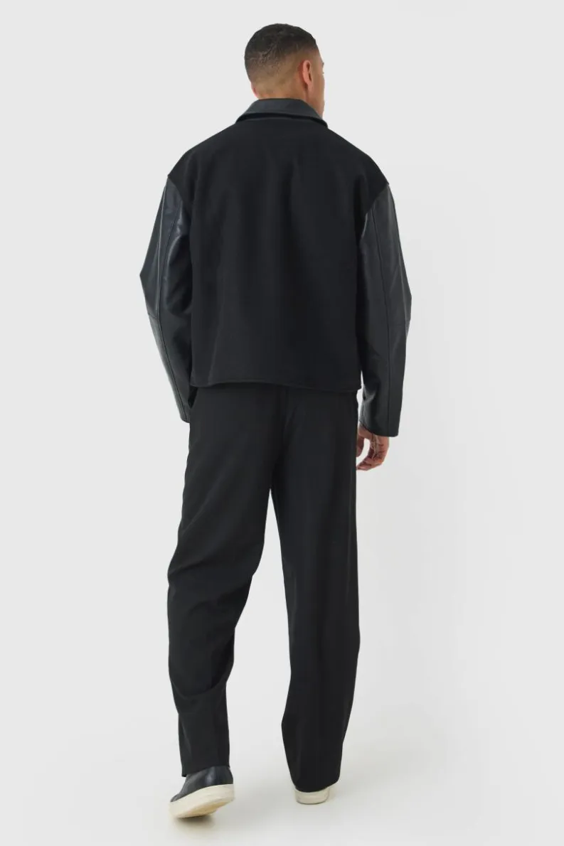 Clearance boohooMAN Boxy PU Sleeve Collared Harrington Jacket In black