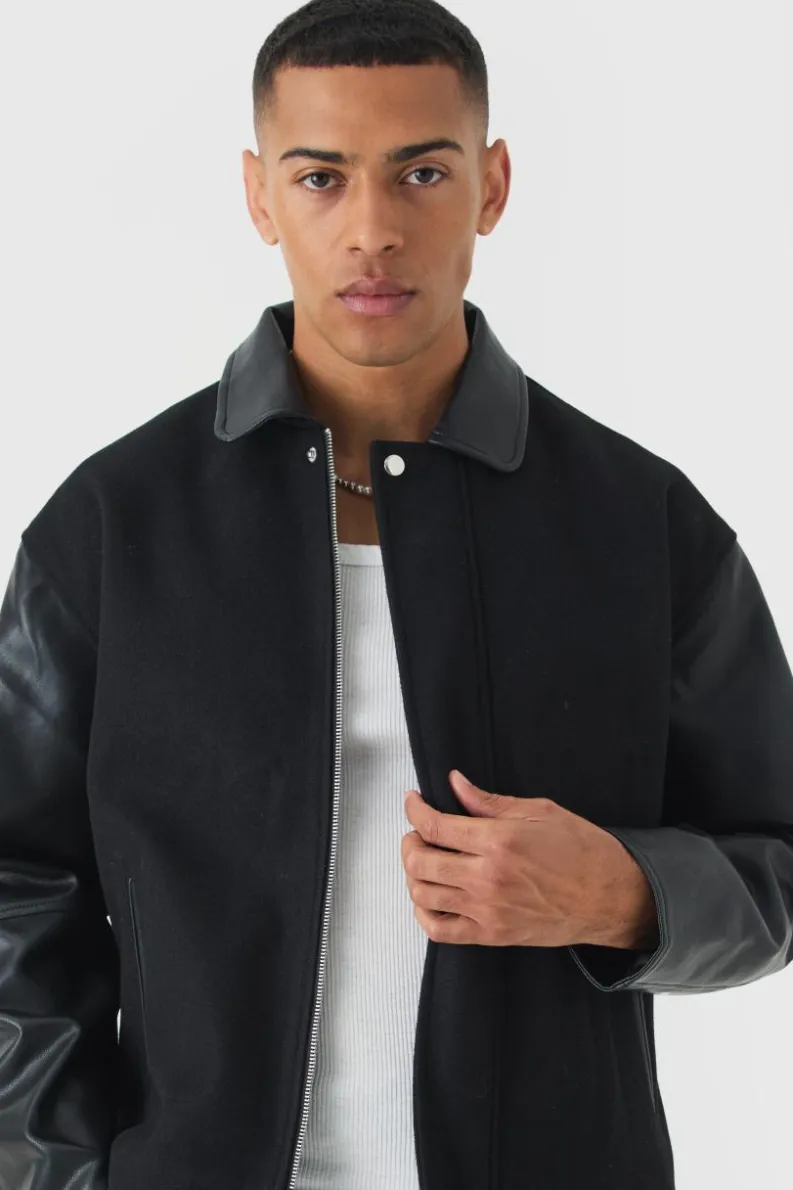 Clearance boohooMAN Boxy PU Sleeve Collared Harrington Jacket In black