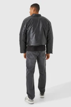 Cheap boohooMAN Boxy Pu Volume Padded Puffer Bomber black