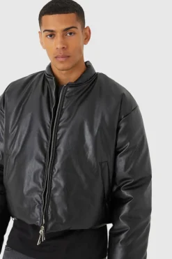 Cheap boohooMAN Boxy Pu Volume Padded Puffer Bomber black