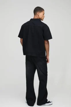 Store boohooMAN Boxy Revere Washed Denim Shirt black