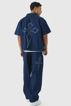 Online boohooMAN Boxy Revere Raw Edge Denim Cross Applique Shirt indigo